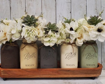 Mason Jar Earthtone Centerpiece, Mason Jar Rose & Succulet Bouquet, Mason Wood Tray, Chalk painted, Farmhouse Decor, Table Decor, Home Decor