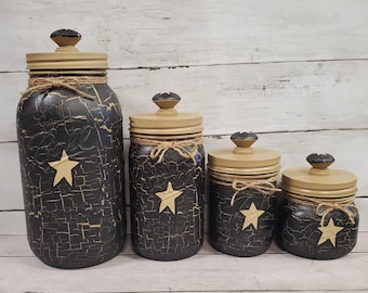 Primitive Crackle Painted Black with Tan Star Mason Jar Canister Set of 4