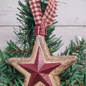 Primitive Crackle Tan & Burgundy Star Shaped Christmas Ornament Set of 6  Hand Painted