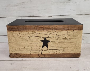 Primitive Wood Rectangular Tissue Box Crackle Painted w/ Star 22 Colors Available