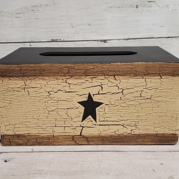 Primitive Wood Rectangular Tissue Box Crackle Painted w/ Star 22 Colors Available