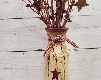 Primitive Bottle Vase w/Pip Berry Crackle Painted Tan w/Burgundy Stars