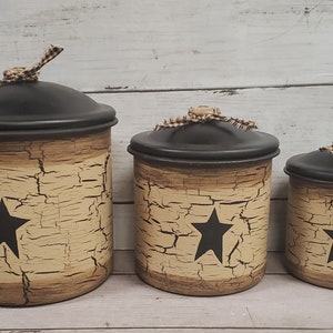 Crackle Painted w/ Black Stars Primitive Metal Canisters Set of 3 Coffee Bar
