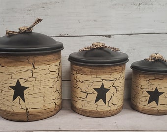 Crackle Painted w/ Black Stars Primitive Metal Canisters Set of 3 Coffee Bar