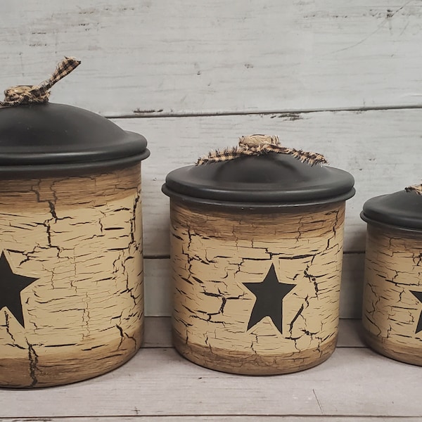 Crackle Painted w/ Black Stars Primitive Metal Canisters Set of 3 Coffee Bar