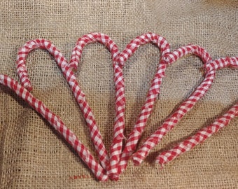 Primitive Christmas Buffalo Check Red Homespun Fabric Wrapped Candy Cane Ornament Set of 6