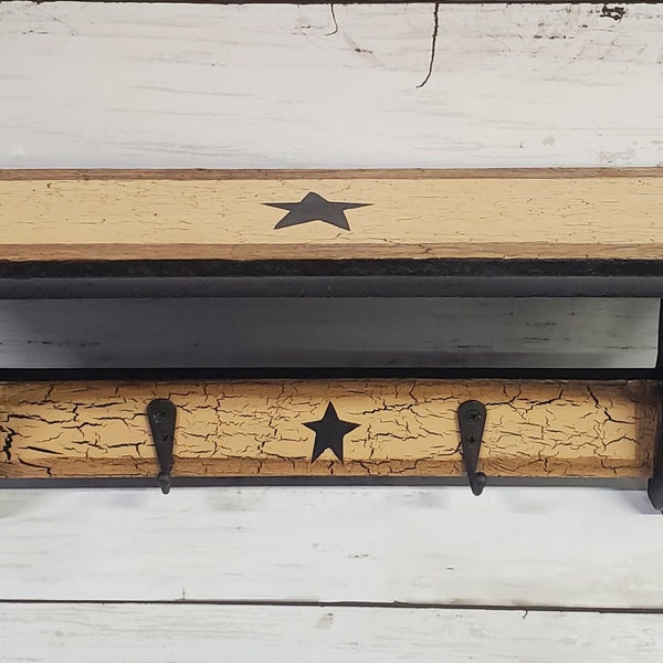 Primitive Wood Wall Shelf w/ Hooks 14" Crackle Painted with Star, many colors available