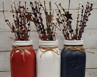 Patriotic Mason Jar Set with Wood Tray Pip Berry Americana Red White Blue