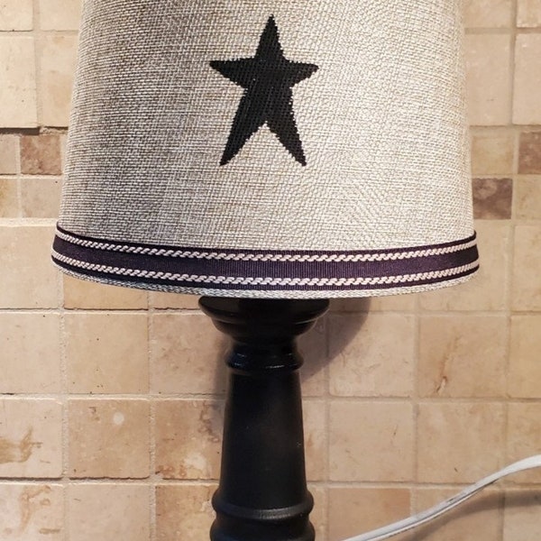 Primitive Black Wood Lamp & Burlap Stripe Shade