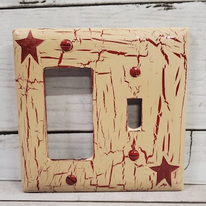 Primitive Crackle Tan with Barn Red Stars Combo Plate Single Switch /GFI Hand Painted