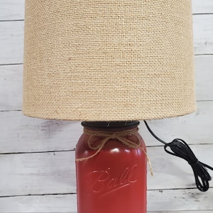 Mason Jar Lamp Colonial Red with Burlap Shade Country Farmhouse