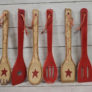 Primitive Crackle Painted Tan with Barn Red Stars & Black Distressed Wood Utensil, Hanging, Set of 6 NEW! 30 color choices available