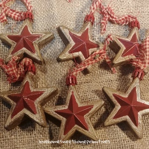Primitive Crackle Tan & Barn Red Star Shaped Christmas Ornament Set of 6  Hand Painted