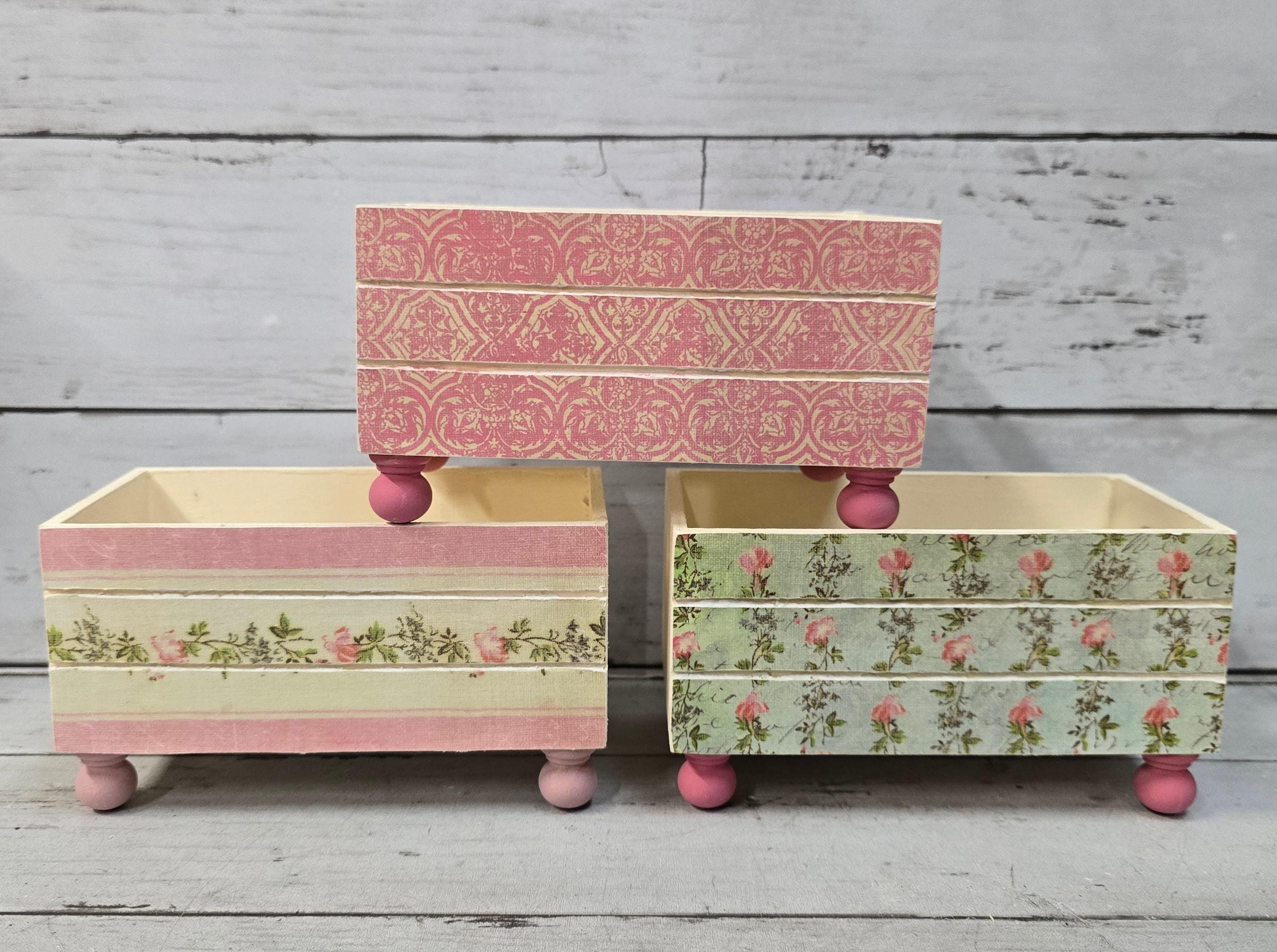 Shabby Chic Wood Box Crate Footed Pink Floral Tiered Tray Decor Shelf ...