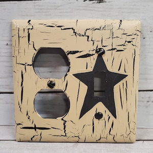 Primitive Crackle Tan with Black Stars Hand Painted Wall Switch/Outlet Combo Plate