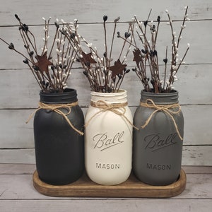 Farmhouse Neutral Mason Jar Set with Wood Tray & Pip Berries Black White Gray