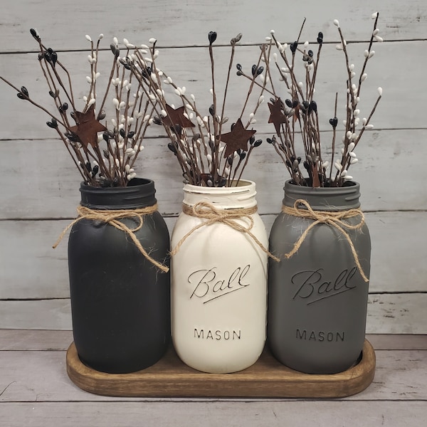 Farmhouse Neutral Mason Jar Set with Wood Tray & Pip Berries Black White Gray