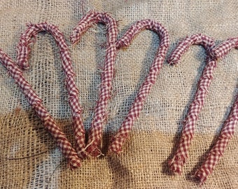 Primitive Homespun Fabric Wrapped Candy Canes Set of 6 Burgundy/Tan Check Country Christmas