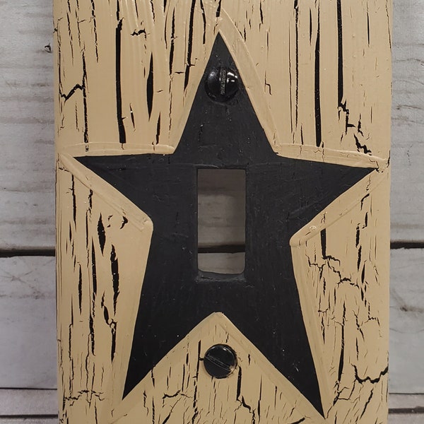 Primitive Crackle Tan with Black Star Hand Painted Single Light Switch Plate Wall Plate