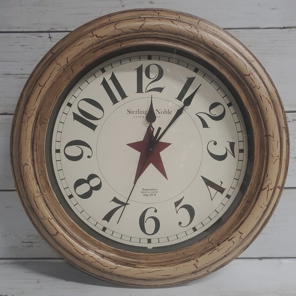 Primitive Hand Painted Crackle Tan with Burgundy Star Wall Clock  Farmhouse Rustic Decor