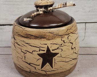 Primitive Sugar Bowl and Lid Crackle Painted Tan w/ Espresso Brown Stars or choice Country Kitchen