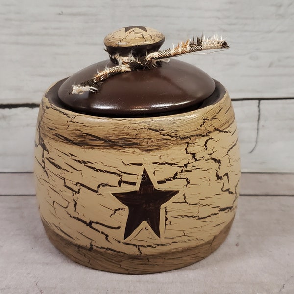 Primitive Sugar Bowl and Lid Crackle Painted Tan w/ Espresso Brown Stars or choice Country Kitchen