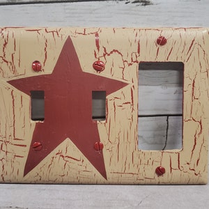 Primitive Crackle Tan with Barn Red Stars Combo Plate Double Switch /GFI Hand Painted