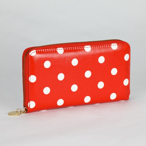 Oilcloth Zip around Wallet - Red polka dot purse - Oil cloth ladies purse- Ladies Zip wallet - Coin purse- Laminated cotton- Vegan