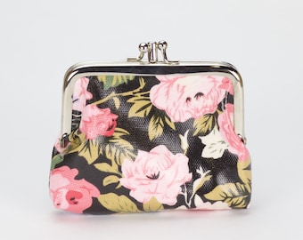 Double Coin Purse- Black Pink Rose Oilcloth vegan clasp wallet- Oil cloth Kissloch purse- Small ladies wallet- laminated cotton- travel card