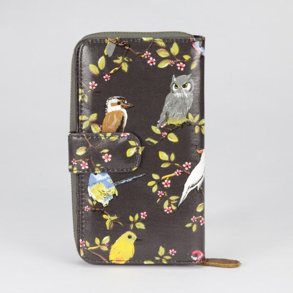 Womens Clutch wallet- Australian bird Cockatoo Kookaburra print- Oilcloth waterproof laminated coated cotton- Ladies Bifold zip phone  purse