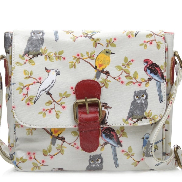 SALE! Womens Slim Shoulder bag Australian native Bird print Oilcloth coated cotton waterproof- Ladies oil cloth Buckle Satchel Purse Handbag