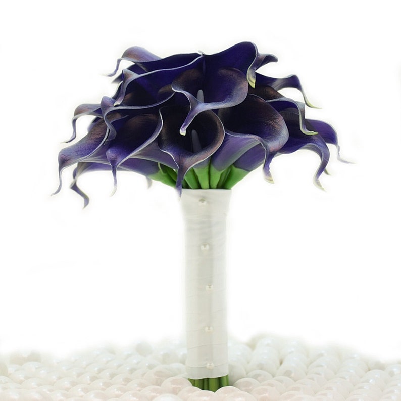 Two Dozen Real Touch Artificial Calla Lilies Royal Purple Wedding Bouquet Select Ribbon and Pin Colors