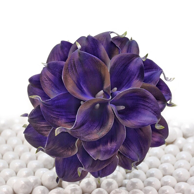 Two Dozen Real Touch Artificial Calla Lilies Royal Purple Wedding Bouquet Select Ribbon and Pin Colors