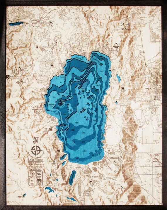 Map Of Tahoe Area Large Lake Tahoe Hillshade 3D Wood Map | Etsy Uk