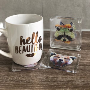 GEOMETRIC ANIMALS Print- Set of 6 Decorative Acrylic Table Coasters with Holder Included-Rabbit, Fox, Racoon, Wolf, Bear and Deer