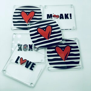 Hearts and Stripes Printed Set of 6 Decorative Acrylic Table Coasters with Holder Included