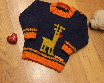 Pull de Noël bleu marine avec logo renne pour bébés, pulls de Noël tricotés à la main pour enfants