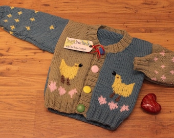 Animal Themed Cardigan Hand Knitted Ducks Greens Blues Pink Hearts Cosy Knit 18 months