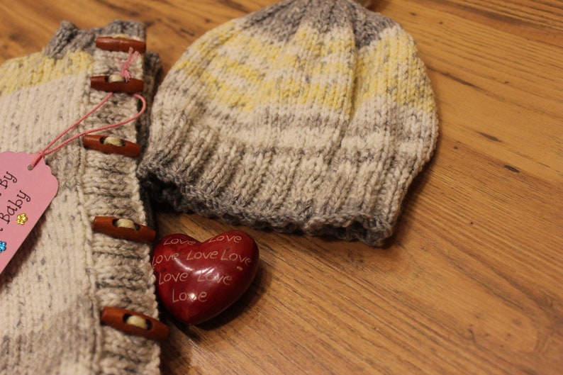 Infants hand knitted coat and hat toggles yellows and greys hand made girls jacket with matching hat cosy knit cardigan set 18-24 months