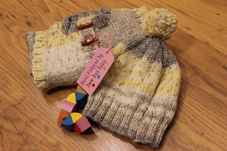 Infants hand knitted coat and hat toggles yellows and greys hand made girls jacket with matching hat cosy knit cardigan set 18-24 months