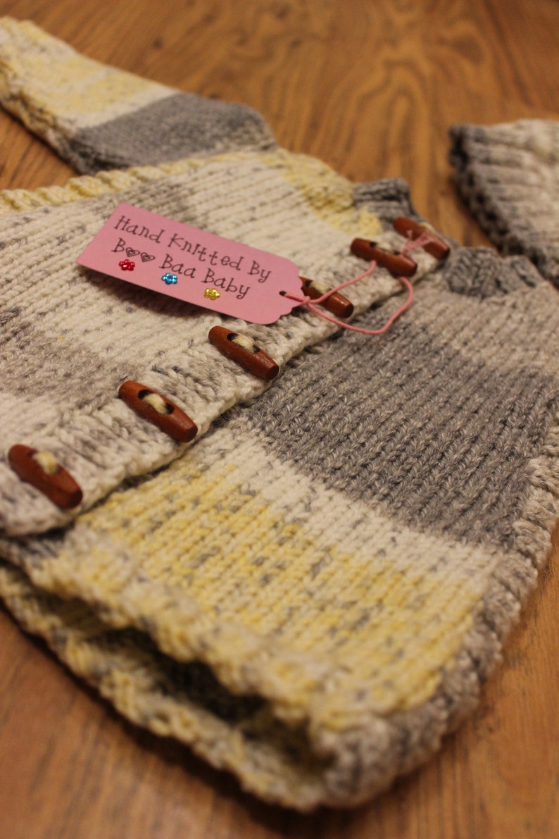 Infants hand knitted coat and hat toggles yellows and greys hand made girls jacket with matching hat cosy knit cardigan set 18-24 months