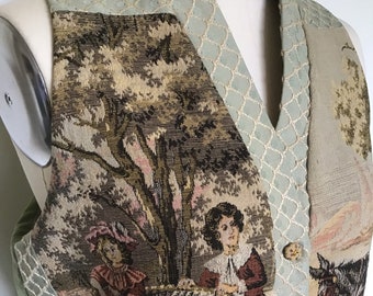 Antique bucolic tapestry waistcoat from up cycled fabrics