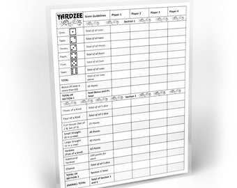 Laminated Yardzee Score Card with Rules on back- Dry Erase Yardzee Laminated Score Cards, Large Dice Game, Use as Yahtzee score cards,