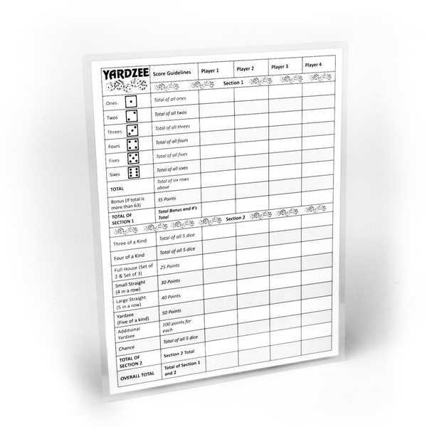Laminated Yardzee Score Card with Rules on back- Dry Erase Yardzee Laminated Score Cards, Large Dice Game, Use as Yahtzee score cards,