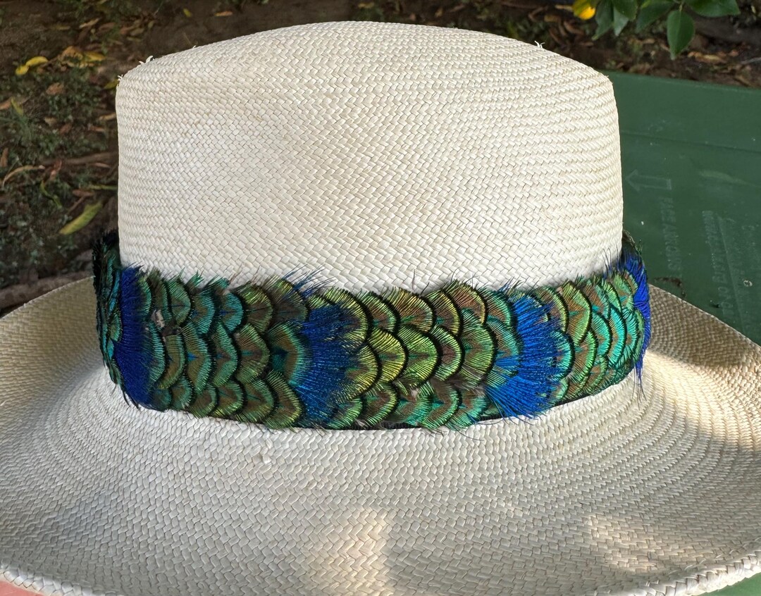Peacock Guinea Feather & Turquoise Slab Hat Band + Choice of Hat 985w main image 0