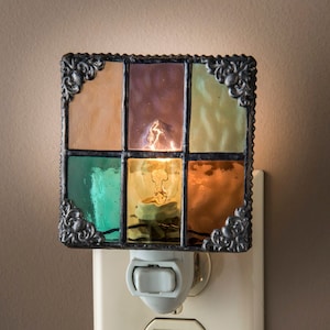 Night Light Decorative Multi Colored Stained Glass Purple Green Burgundy Peach Nursery Bathroom Bedroom Kitchen Home Decor Accent NTL 165