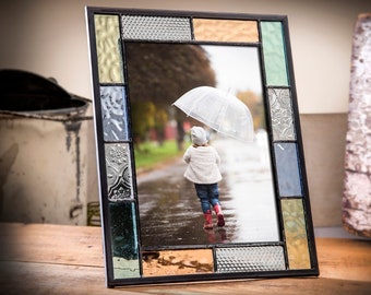 Picture Frame 5x7, 4x6 Stained Glass Multi Colored Horizontal Vertical Photo Frame Aqua Blue Clear Amber Green Colorful Decor Pic 412 Series