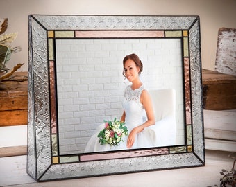 Picture Frame 8x10, 5x7, 4x6 Wedding Anniversary or Family Photo Frame Home Decor Colorful Stained Glass Pink Rose Green Pic 137-81H