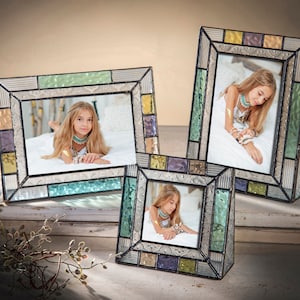 Picture Frame 4x6, 3x3 Square Colorful Stained Glass Photo Frame Aqua Purple Green Peach Home Decor Gift for Mom Friend Pic 372 Series