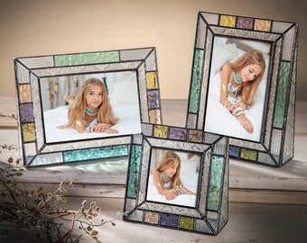 Picture Frame 4x6, 3x3 Square Colorful Stained Glass Photo Frame Aqua Purple Green Peach Home Decor Gift for Mom Friend Pic 372 Series